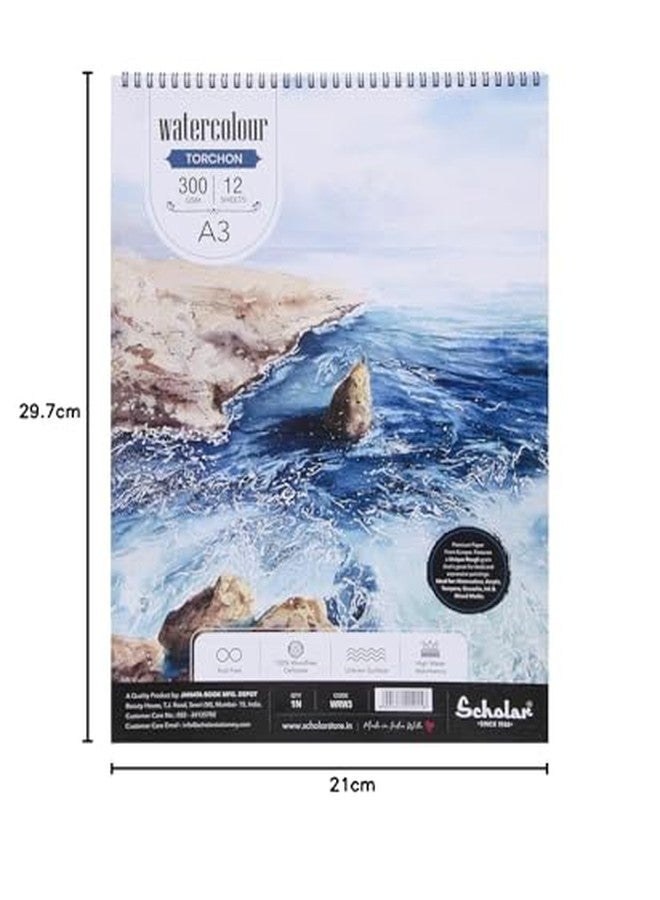 Scholar Watercolor Torchon Pad (Wire-O) (12 Sheets 300 GSM Rough Textured Special Watercolour Paper) (A3) - Image 4